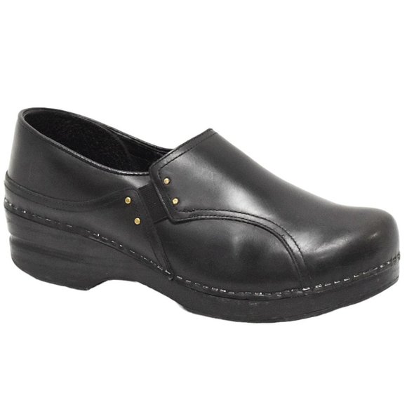 Dansko "Phoebe" Black Elastic Pull-on Leather Professional Clogs - Picture 11 of 11
